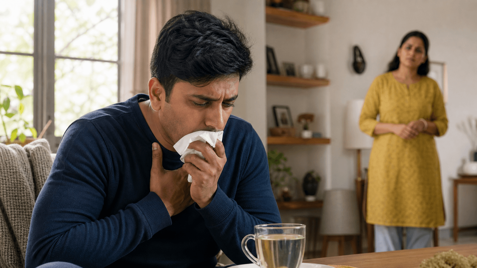 Indian adult coughing at home with family