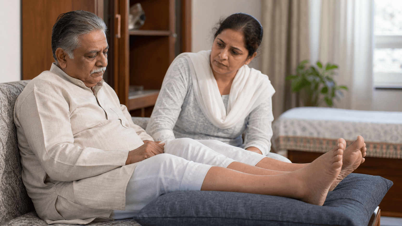 Indian adult resting swollen feet at home without text