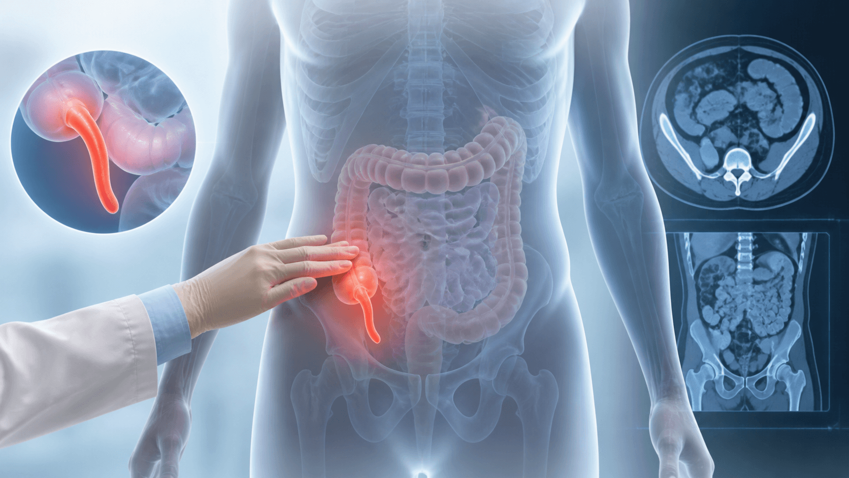 Medical illustration highlighting the appendix in the lower right abdomen
