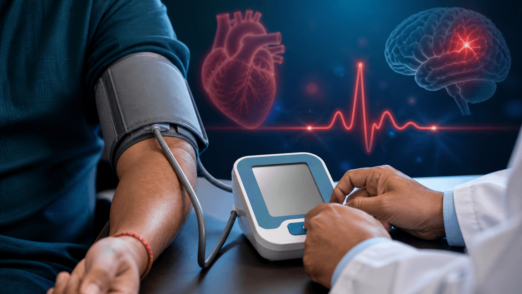 Blood pressure check with heart and brain emergency health symbols