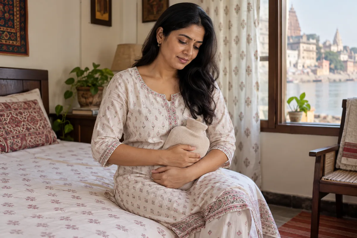 Indian woman holding abdomen due to menstrual discomfort at home