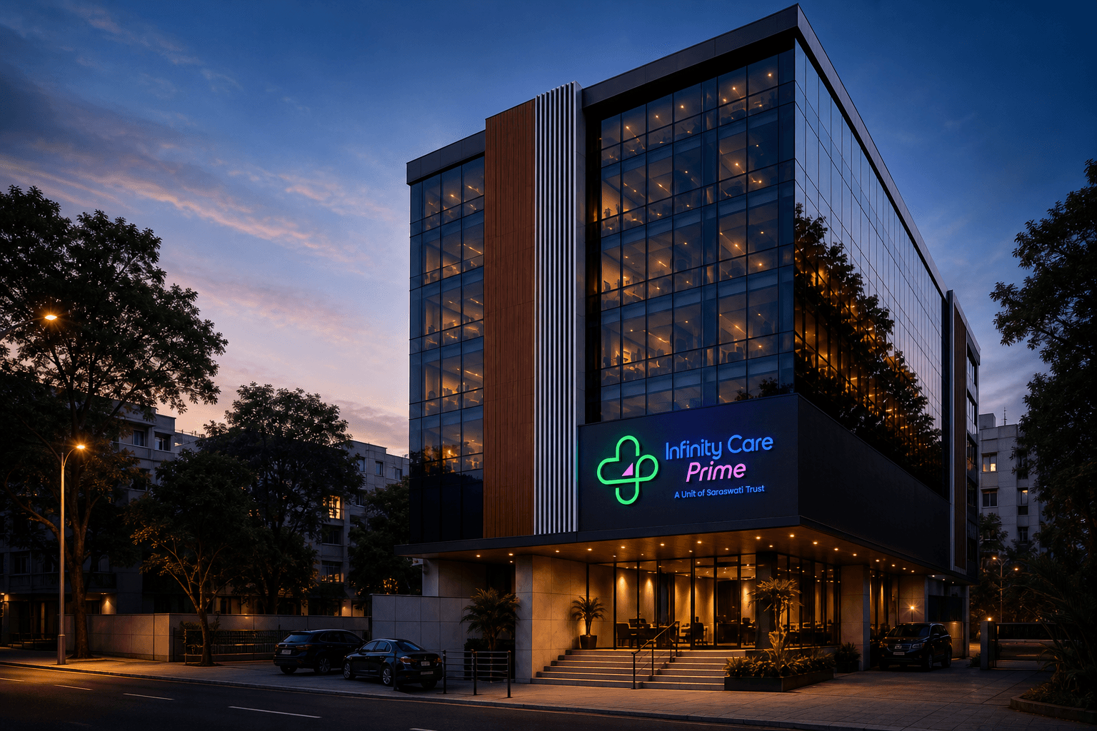 Infinity Care Prime building at blue hour with illuminated exterior signage