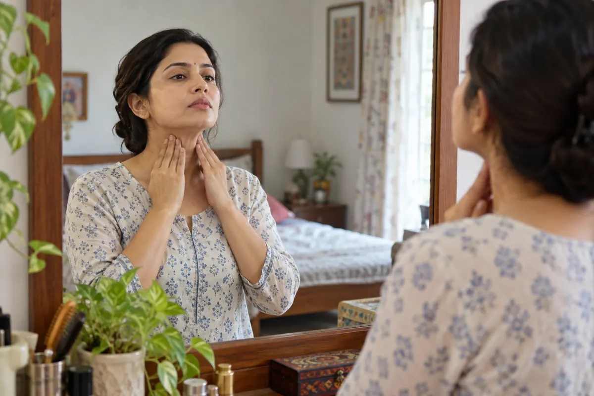 Indian woman checking her neck while noticing possible thyroid symptoms