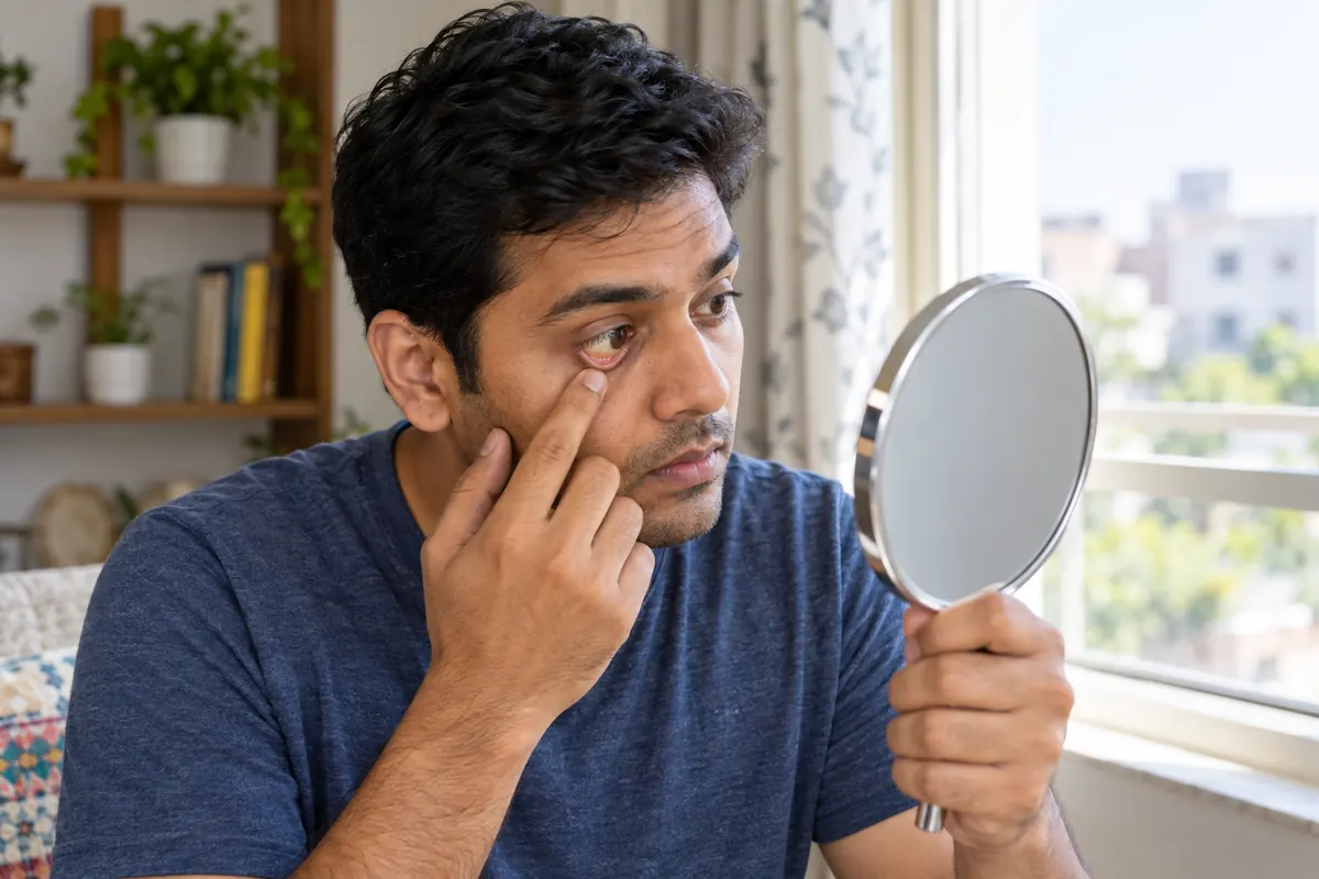 Indian adult examining yellowing in the eyes using a mirror